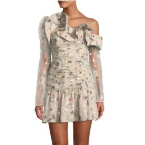 Self Portrait One-Shoulder Star-Embroidered Mesh Ruffle Mini Cocktail Dress sz 2